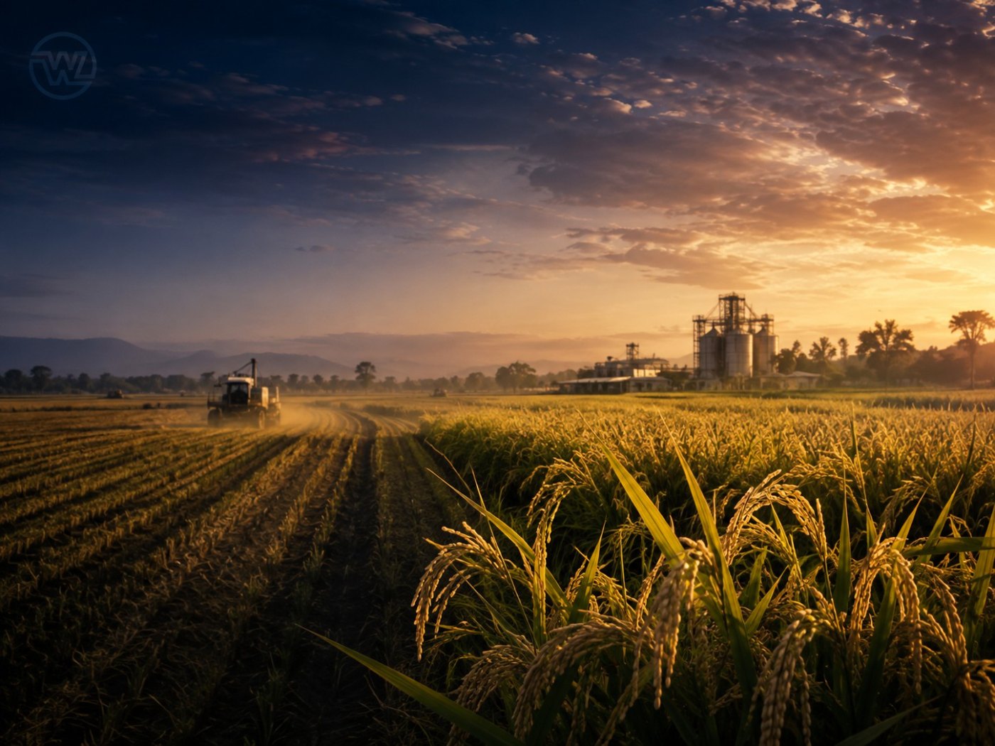 Rice harvest at sunrise beside the mill