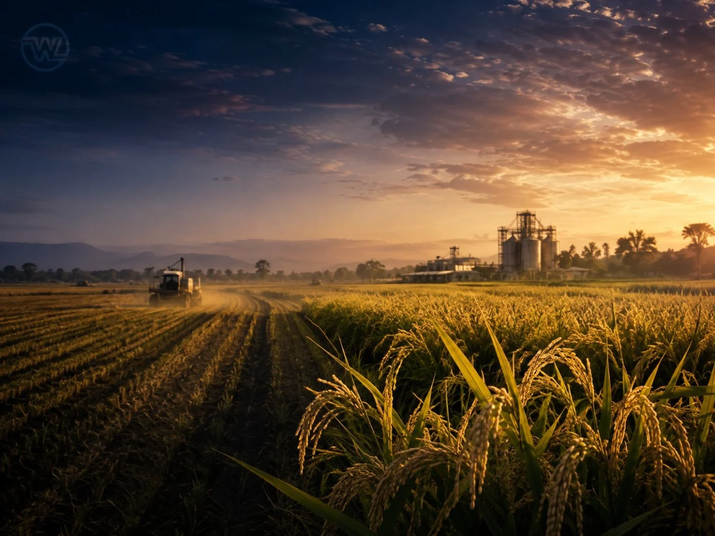 Rice harvest at sunrise beside the mill